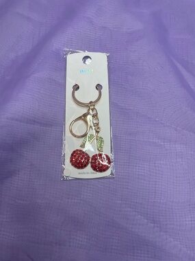 Mint Red Crystal Cherry Key & Card Holder Charm with Green Leaves